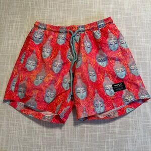 WeSC Mens Small Buddha Print Swim Trunks Red Teal Psychedelic Mesh Lined Shorts